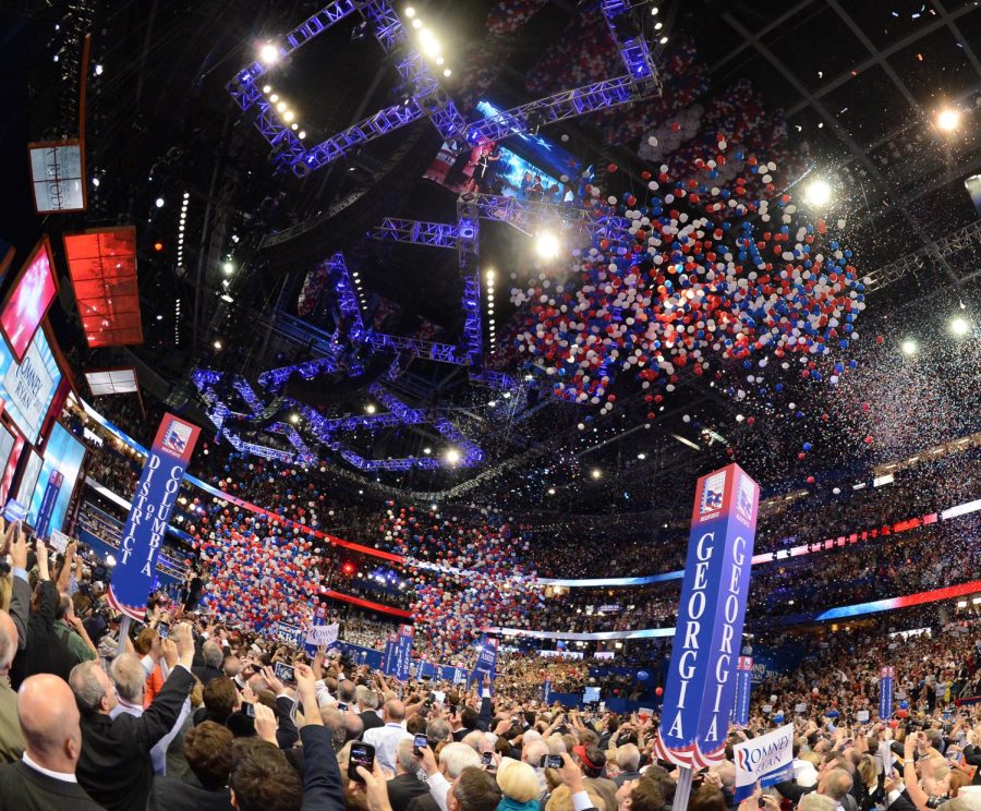 Balloons drop from the ceiling at the 2012 Republican National Convention in the Tampa Bay Times Forum, Thursday, August 30, 2012 in Tampa, Florida.