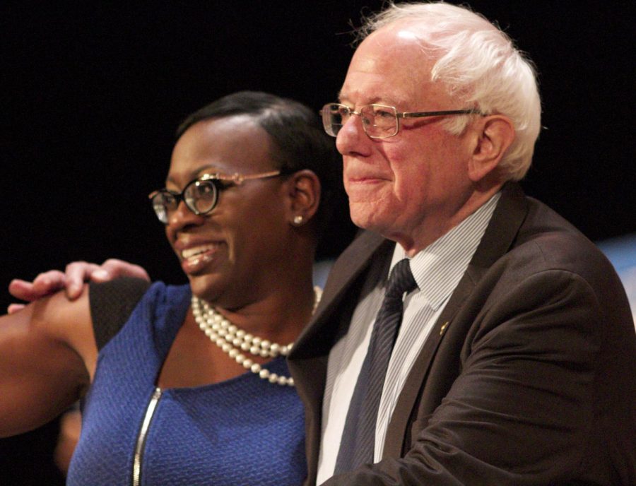 Former Ohio State Senator Nina Tuner welcomes Democratic Presidential candidate Bernie Sanders to the stage of the Civic Theater in Akron Ohio on Monday March 14, 2016.