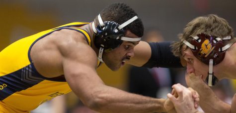 Then a redshirt freshman, Kyle Conel wrestles against Jackson Lewis of Central Michigan on Sunday, Feb. 14, 2016. Conel was one of three Kent State wrestlers to earn a victory during the Flashes loss at Eastern Michigan on Sunday, Feb. 4, 2018.