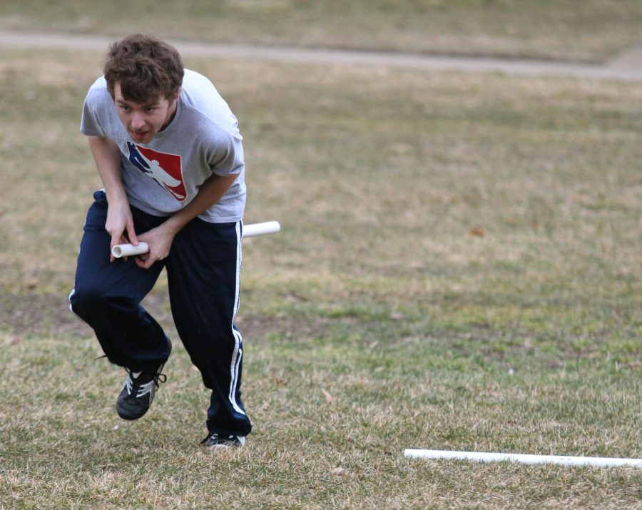Junior zoology major Jeffery Ritter takes part in beater drills during Quidditch practice at the Centennial Fields on Tuesday, March 1, 2016.