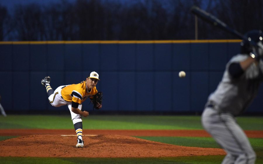 Sophomore pitcher Chris Martin pitches to a University of Pittsburg batter during the home opener against the University of Pittsburg at Olga Mural Field at Schoonover Stadium on Wednesday, March 16, 2016. Kent State lost 9-4.