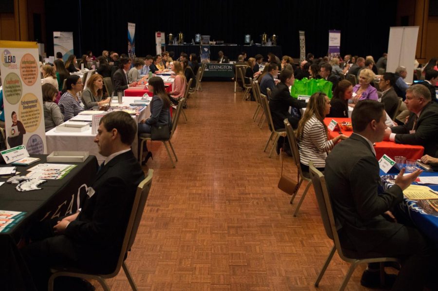 Employers and prospective teachers fill the Kent Student Center Ballroom on Thursday, March 31, 2016 for Education Employment Day.