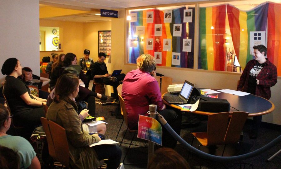 Kent State students meet for the LGBTQ round table discussion downstairs of the student center on Tuesday, March 15, 2016.