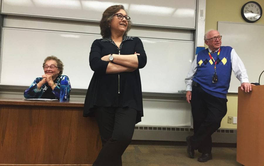 Erika Taubner Gold, a survivor of the Holocaust, Chaya Kessler, director of Kent State’s Jewish Studies program and Sol Factor, a Kent State Jewish Studies program professor present to Factor’s Children of the Holocaust class Thursday, March 10, 2016.