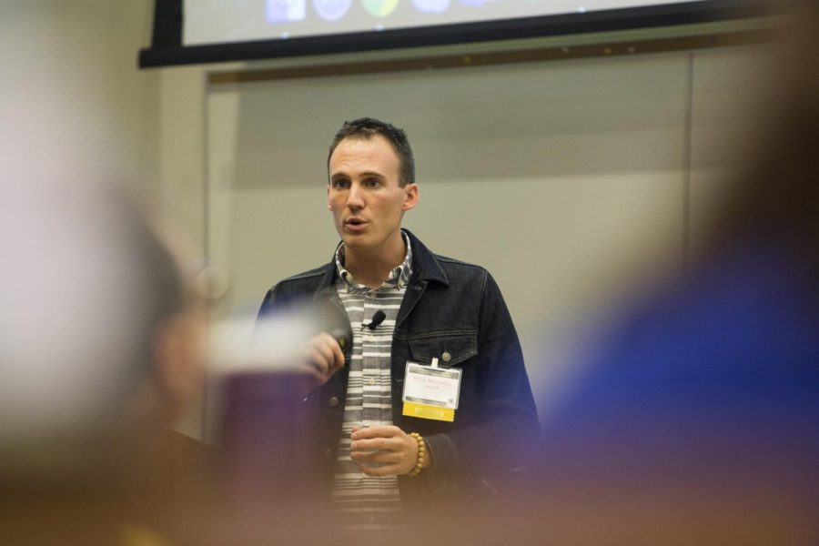 Kyle Michael Miller, a Kent State alum and current TODAY Show social media producer, speaks during the ninth annual YouToo Social Media Conference at Franklin Hall on Friday, April 8, 2016.