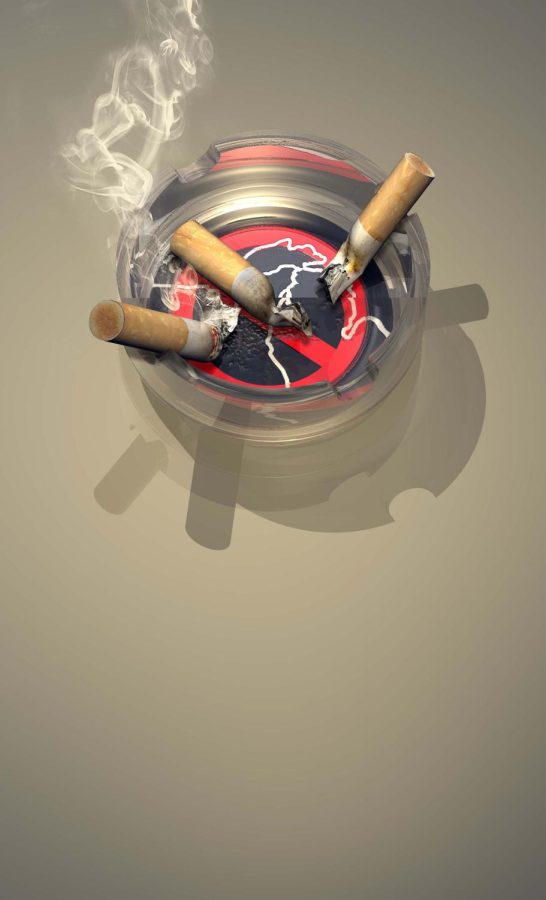 Rick Nease color illustration of cigarette-butt-filled ashtray sitting on a no-smoking coaster. The Detroit Free Press 2010