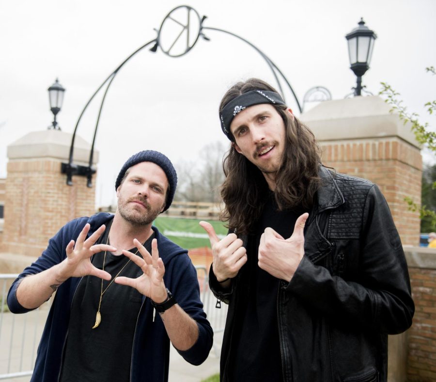 Sean Foreman and Nathaniel Motte of 3OH!3 pose for a picture on the Student Green before Flashfest on Thursday, April 21, 2016.