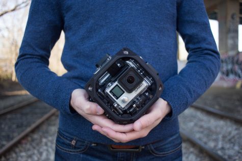 Bill Myers holds the Freedom 360 Explorer on Thursday, April 14, 2016. The GoPro rig is a cube of GoPro’s that creates a 360-degree ariel panorama.