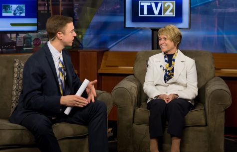 Senior broadcast journalism major, Ian Klein, interviews President Beverly Warren in the TV2 Studio on Friday, April 29, 2016.