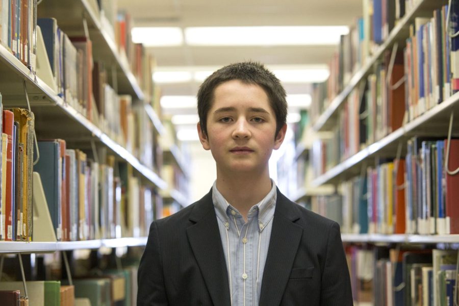 Vlas Zyrianov, a 13-year-old Kent State student, in the University Library on Wednesday, April 13, 2016. Vlas is the youngest student to take classes at Kent State University.