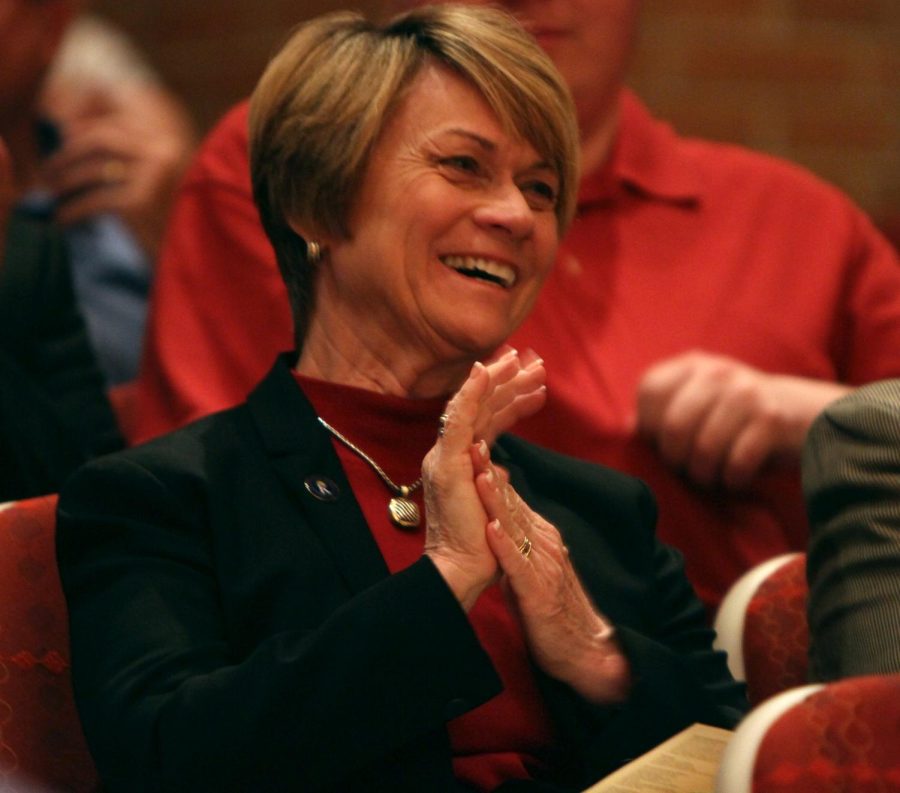 President Beverly Warren applauds after a performance at the Center for Performing Arts on April 24, 2016. This was President Warrens first public appearance since having surgery early this month.