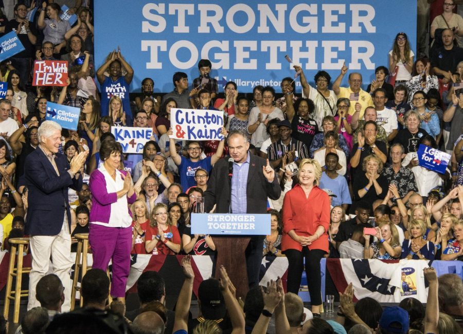 Virginia Senator and Democratic vice presidential nominee Tim Kaine introduces presidential nominee Hillary Clinton at her rally in Youngstown, Ohio, on Saturday, July 30, 2016.
