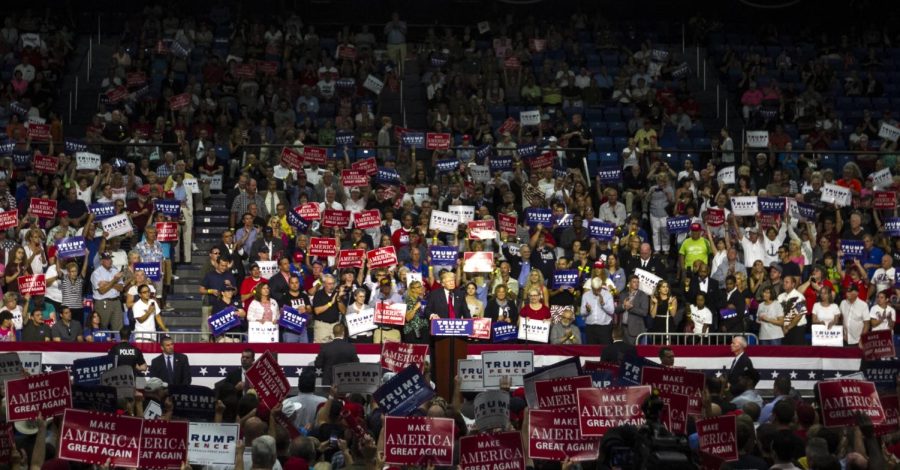 Republican presidential nominee Donald Trump speaks at the James A. Rhodes Arena in Akron, Ohio, on Monday, Aug. 22, 2016.
