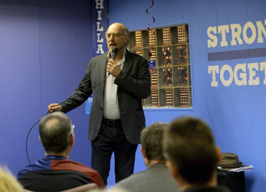The Kent Stater Award winning actor Richard Schiff speaks at the opening of Hillary Clinton’s Portage County campaign office on Thursday September 15, 2016. Richard Schiff urged the crowd to encourage younger voters to register by being excited about voting.
