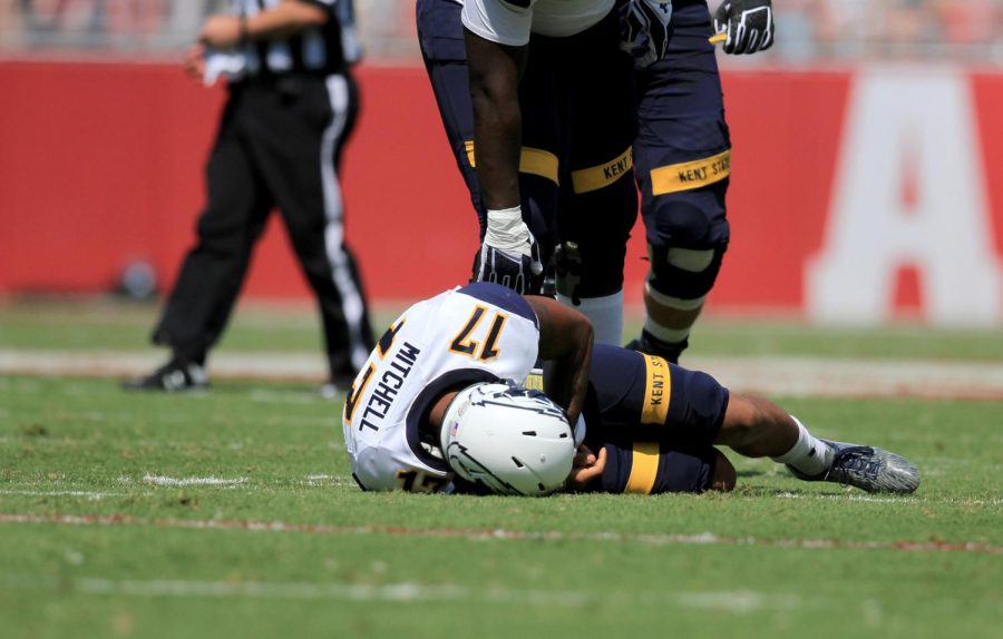 Freshman quarterback Mylik Mitchell went down with an apparent wrist injury after being sacked late in the second quarter. Coach Paul Haynes said Mitchell’s status is “not good.” The Flashes lost to the Crimson Tide, 48-0.