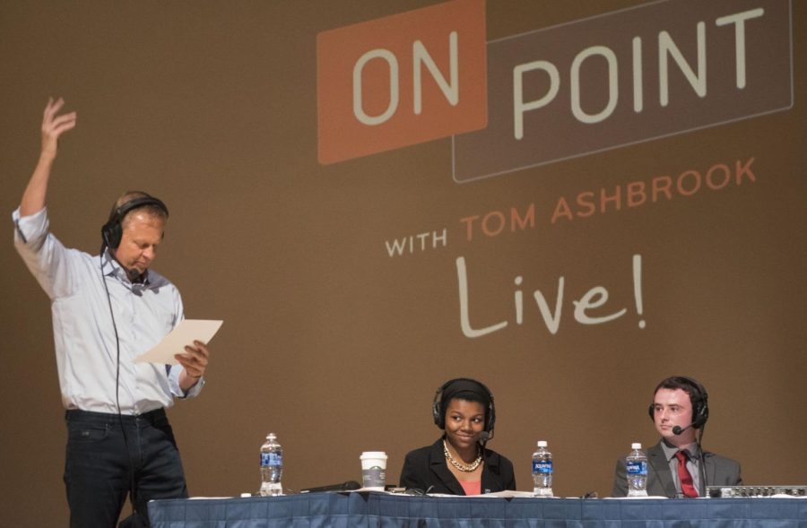 National Public Radio’s Tom Ashbrook, Black United Students President Chynna Baldwin and Kent Stater Editor-in-Chief Jimmy Miller conduct a panel at NPR’s On Point show at the Kent State KIVA. Thursday, Sept. 15, 2016.