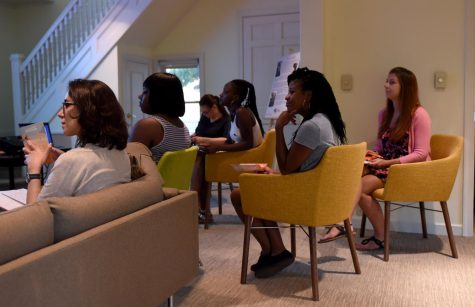 Kassi Jackson / The Kent Stater Students listen to a presentation put on by Danielle Flemister, an advisor of LaunchNET, in the new residence of the Kent State Women’s Center Tuesday, Sept. 6, 2016.