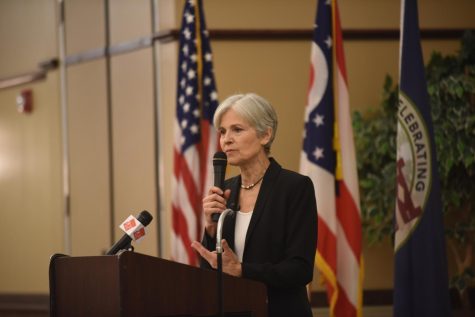 Jill Stein, Green Party presidential nominee, addresses the crowd of supporters during her speech at the Natatorium in Cuyahoga Falls, Ohio, on Friday, Sept. 2, 2016.