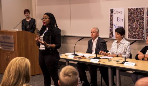 Kent State senior journalism major Ife-Ife Okantah, a member of the Student Voice Team, addresses the audience of the Effects of Heroin: JMC Conversation forum on Thursday, Oct. 20, 2016 in Franklin Hall.