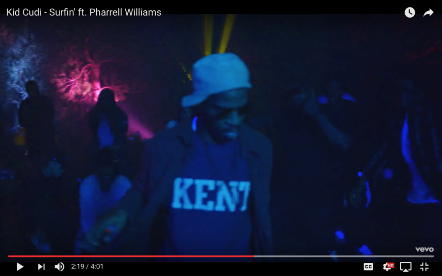 Kid Cudi sports his Kent shirt while dancing in his new Surfin music video. Cudi performed at Kent State in 2010.