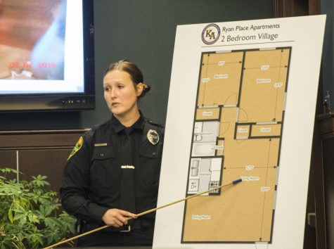 Kent Police Officer Sarah Berkey describes the layout of Ryan Place apartments where the shooting happened to the jurors at the Portage Common Court of Pleas in Ravenna on Monday, Oct. 31, 2016
