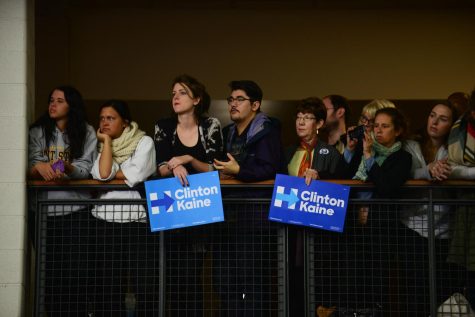 Crowds gather in the Kent States Student Recreation and Wellness Center to listen to democratic presidential nominee Hillary Clinton speak at a rally on Monday, Oct. 31, 2016.
