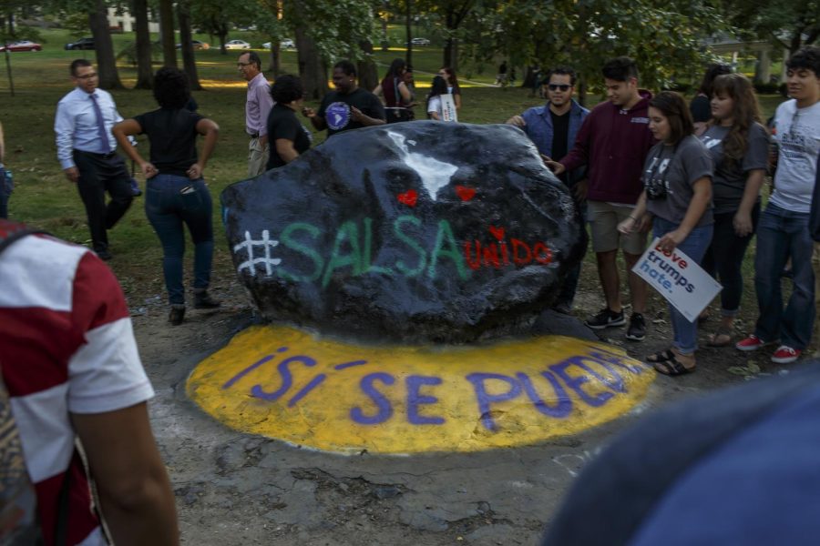 Students gather to support SALSA (Spanish and Latino Student Association) in protest against last weekends discriminatory chants during the Homecoming parade, on Thursday, Oct. 6, 2016.