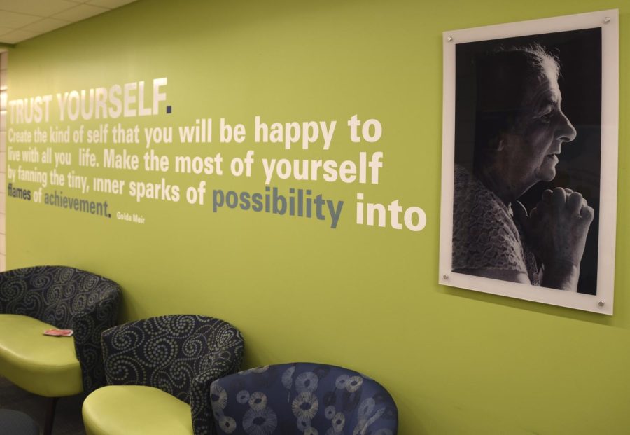A quote by Golda Meir, former Israeli prime minister, and her portrait, is displayed on the first floor of Bowman Hall on Tuesday, Nov. 1, 2016.  