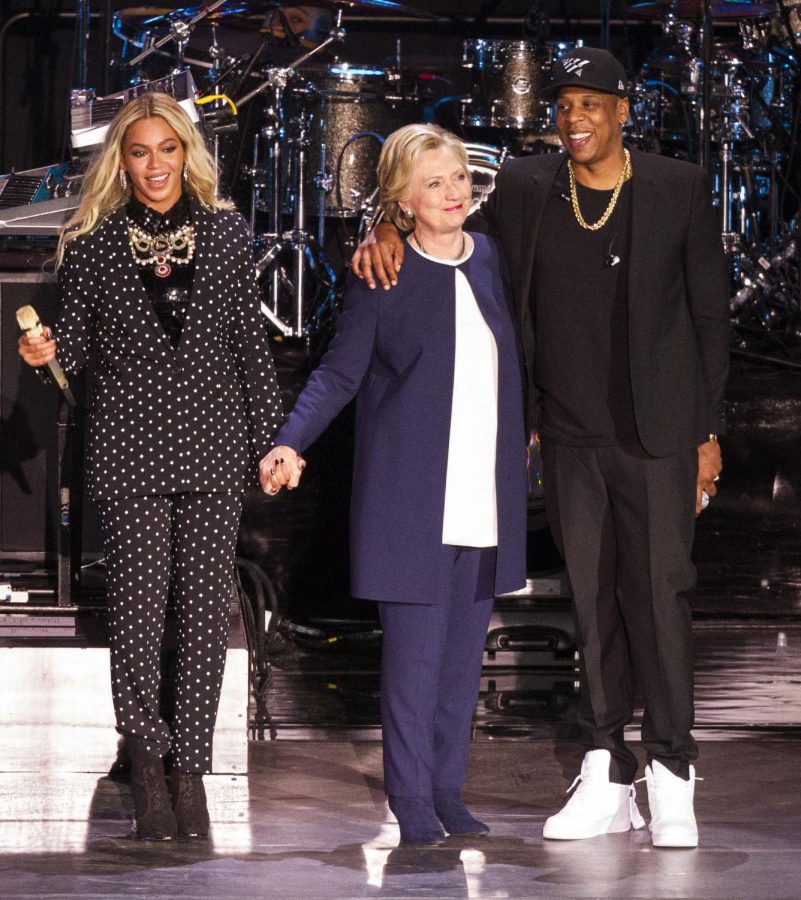 Beyonce and Jay-Z pose with Democratic presidential nominee Hillary Clinton after their Get Out The Vote concert event in support of Clinton at Cleveland State Universitys Wolstein Center on Friday, Nov. 4, 2016.