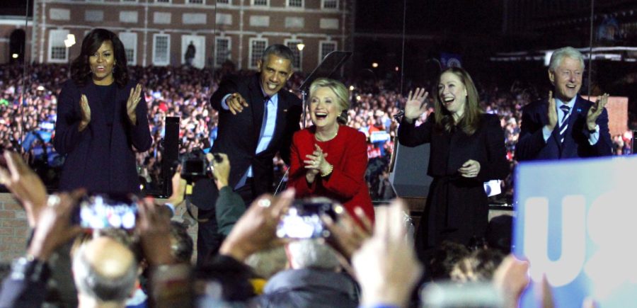 (From left) Michelle Obama, Barack Obama, Hillary Clinton, Chelsea Clinton and Bill Clinton wave to the crowd after the last campaign rally for Hillary Clinton before election day. The president and first lady, as well as former president, all spoke during the rally in Philadelphia, Pennsylvania, Monday, Nov. 7, 2016.