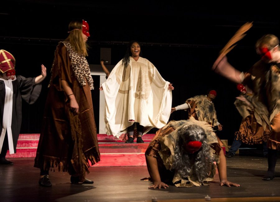 Kent State students practice their performance on stage for “The Bacchae of Euripides” final dress rehearsal on Wednesday, Nov. 16, 2016.