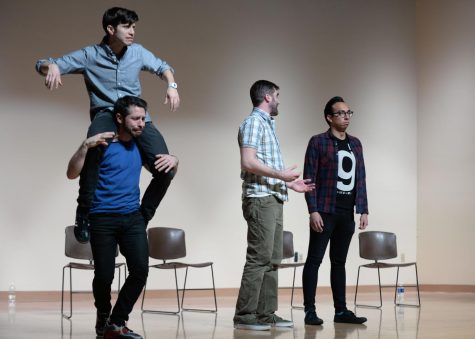 Matthew Rubano, Matthew Starr, Tanner Dahlin and Andy Bustillos of the Upright Citizens Brigade Touring Company perform an improvised skit based on text messages read from the audience’s phones on Friday, Dec. 2, 2016 in Kent States KIVA.