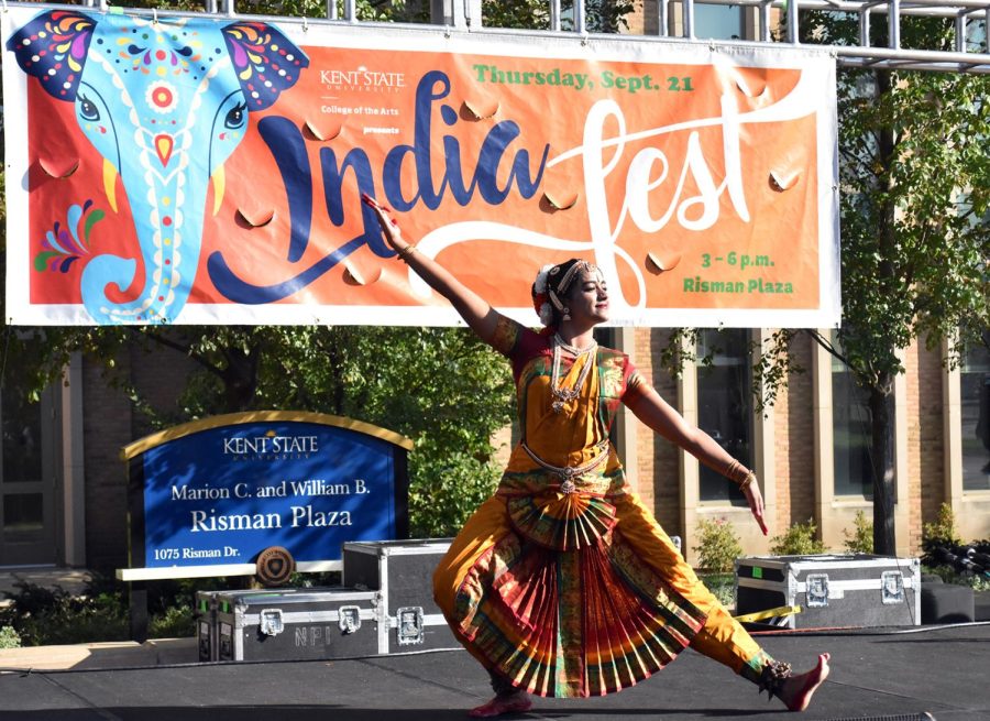 Prashanthi Jeevan, a digital sciences graduate student, performs the a southern Indian dance at Kent States first-ever India Fest Thursday, Sept. 21, 2017