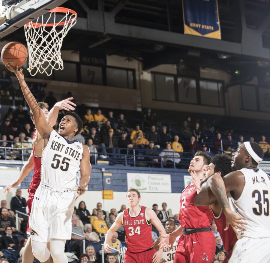 Junior guard Kevin Zabo of the Kent State mens basketball team scores a layup in the second half against Ball State University at the M.A.C. Center on Tuesday, Jan. 3, 2017. The Flashes opened MAC Conference play with a victory, 100-90.