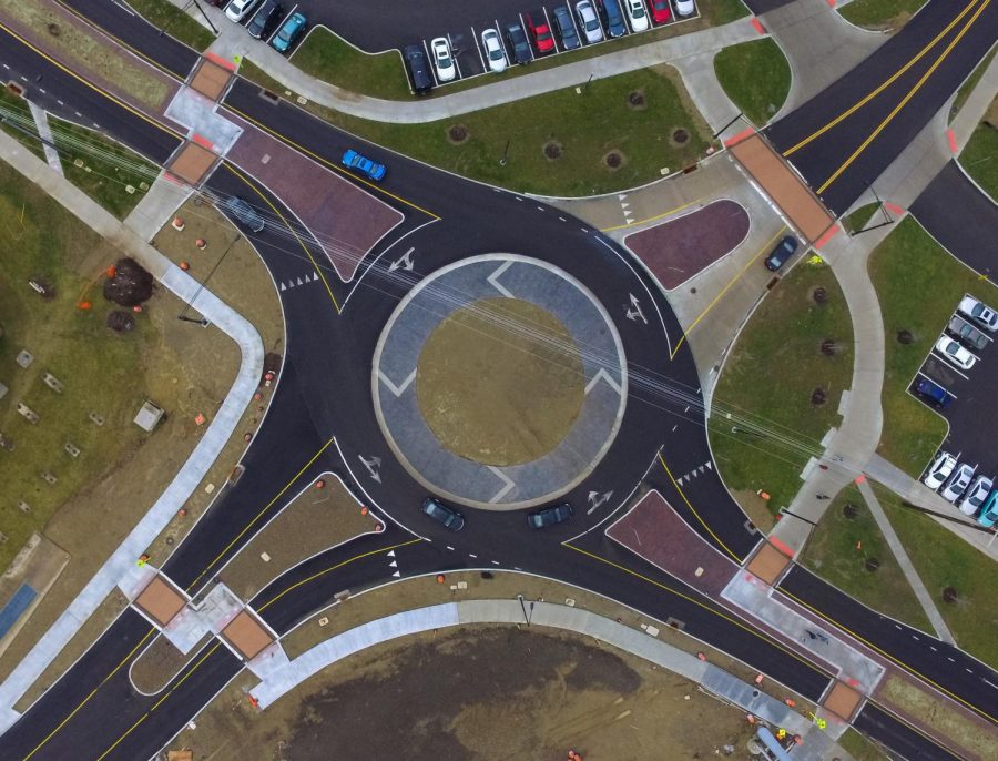 Aerial drone photo of the new roundabout on Summit Street.