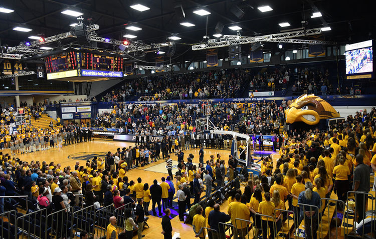 Thousands of Kent State students, family and local residents turn out for the first home game of the spring semester on Saturday, Jan. 21, 2017. Renovations and new branding were unveiled for the women and mens basketball programs, as well as the M.A.C. Center. 