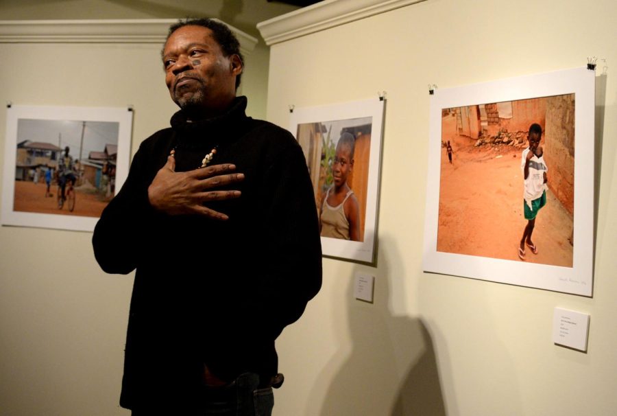 Photographer and Kent State alumnus Vince Robinson presents his gallery opening, The Real Africa: Images from Ghana, in Oscar Ritchie Hall Thursday, Jan. 26, 2017. Robinson introduced the stories behind his photography and even recited poetry for the crowd.