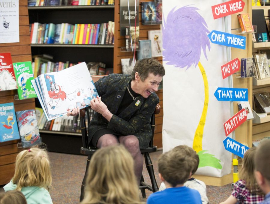 Kent State President Beverly Warren reads Dr. Suess’s “The Cat in the Hat” to school kids for Read Across America at the University Bookstore on Tuesday, Feb. 28, 2017. 