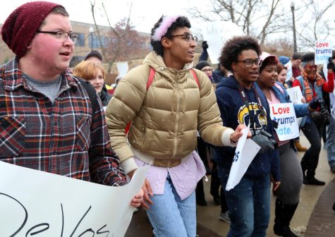Students march from Risman Plaza to the Kent State Rock in protest of Betsy DeVos’ nomination as Secretary of Education on Wednesday, Feb. 8, 2017.
