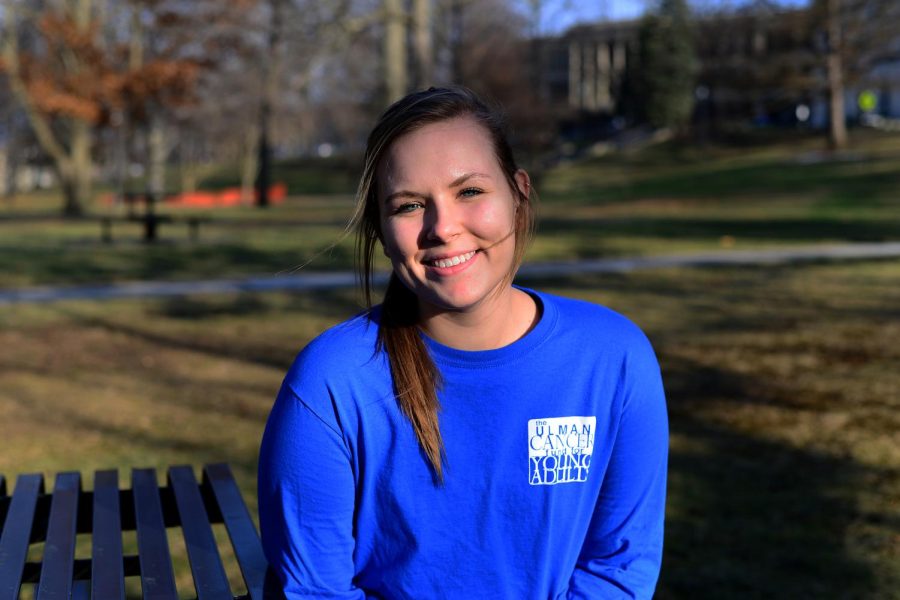 Kaitlyn Redovian, Kent State senior nutrition and exercise science major, poses for a portrait on front campus on Monday, Feb. 6, 2017, Redovian is participating in the Ulman Cancer Funds 4k for Cancer program. Her team will run coast to coast this summer, stopping by hospitals around the country to visit cancer patients and deliver chemo care bags. 