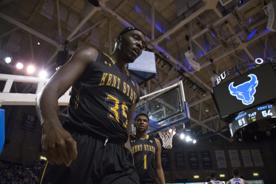 Kent State senior forward Jimmy Hall walks of the court at Alumni Arena in Buffalo, New York on Tuesday, Feb. 21, 2017. Kent State won 77-69. 