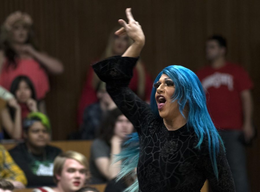 Professional drag queen Angel Safyre performs in the Kent State goverance chambers Thursday, March 16, 2017.