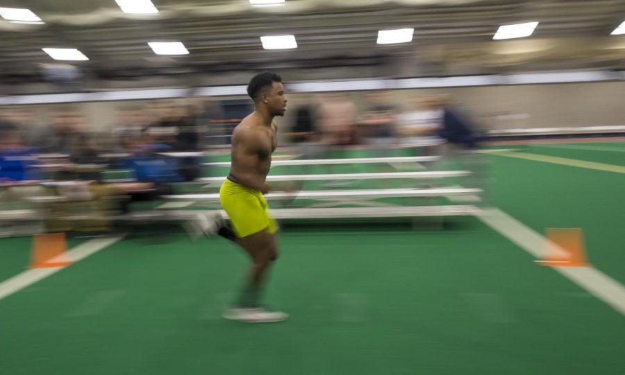 Former Kent State wide receiver Ernest Calhoun participates in the shuttle run during Kent States NFL Pro-Day at the Kent State Field House on Friday, March 24, 2017.