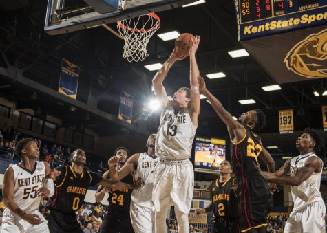 Freshman guard Mitch Peterson shoots the layup after gathering the offensive rebound against Grambling State University on Friday, Dec. 2, 2016 at the M.A.C. Center. Kent State won, 86-57.