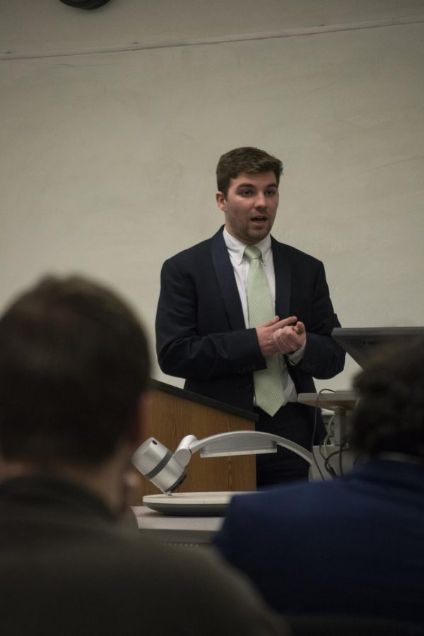 USG president candidate Daniel Oswald speaks to students at the USG forum hosted by the College Deomcrats at Bowman Hall on Tuesday, March 14, 2017.