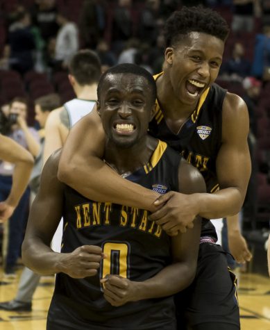 Kent State sophomore guard Jalen Avery and junior guard Kevin Zabo celebrate after beating Ohio University 68-66 in the semi-finals of the MAC Tournament at Quicken Loans Arena in Cleveland, Ohio on Friday, March 10, 2017. Kent State will face Akron on Saturday.