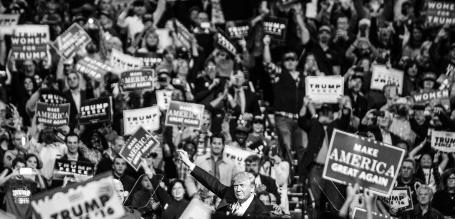 Republican presidential nominee Donald Trump incites the crowd to cheer louder at the I.X. Center in Cleveland, Ohio on Saturday, Oct. 22, 2016.
