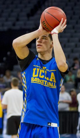 UCLA freshman guard Lonzo Ball attempts a three point shot during the Bruins open practice at the Golden 1 Center in Sacramento, California on Thursday, March 16, 2017.