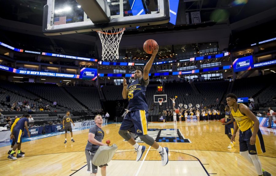 Kent State junior guard Kevin Zabo attempts a layup during the Flashes open practice at the Golden 1 Center in Sacramento, California on Thursday, March 16, 2017. Kent State will take on UCLA tomorrow.