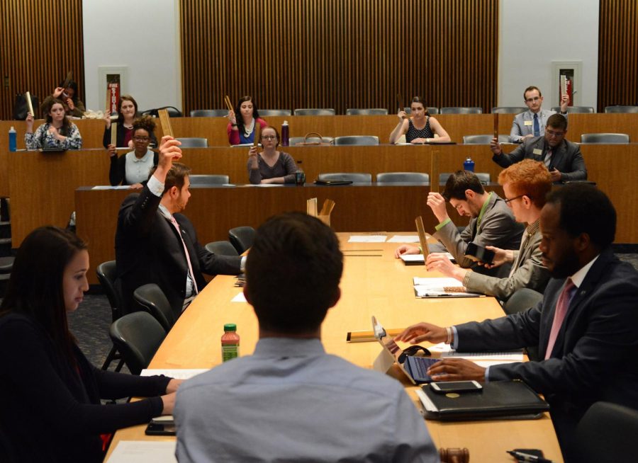 USG votes in a meeting in the Governance Chambers in the Kent Student Center on Wednesday, March 30, 2016.